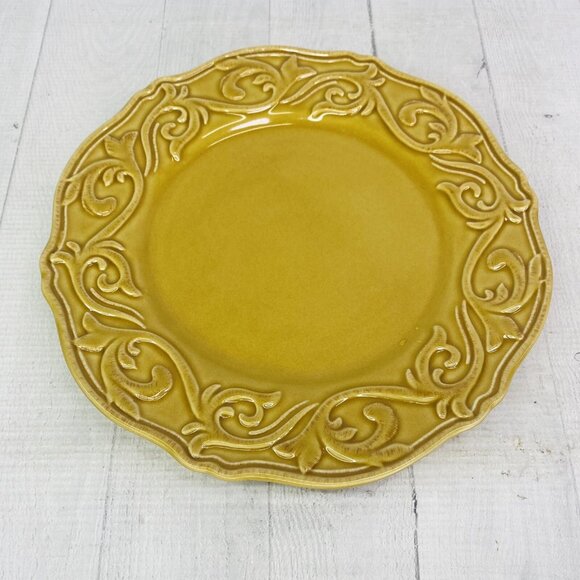 Chris Madden JC Penny CORVELLA GOLD  Emboss Scroll Stoneware Dinner Plate Set 4 - Picture 8 of 16